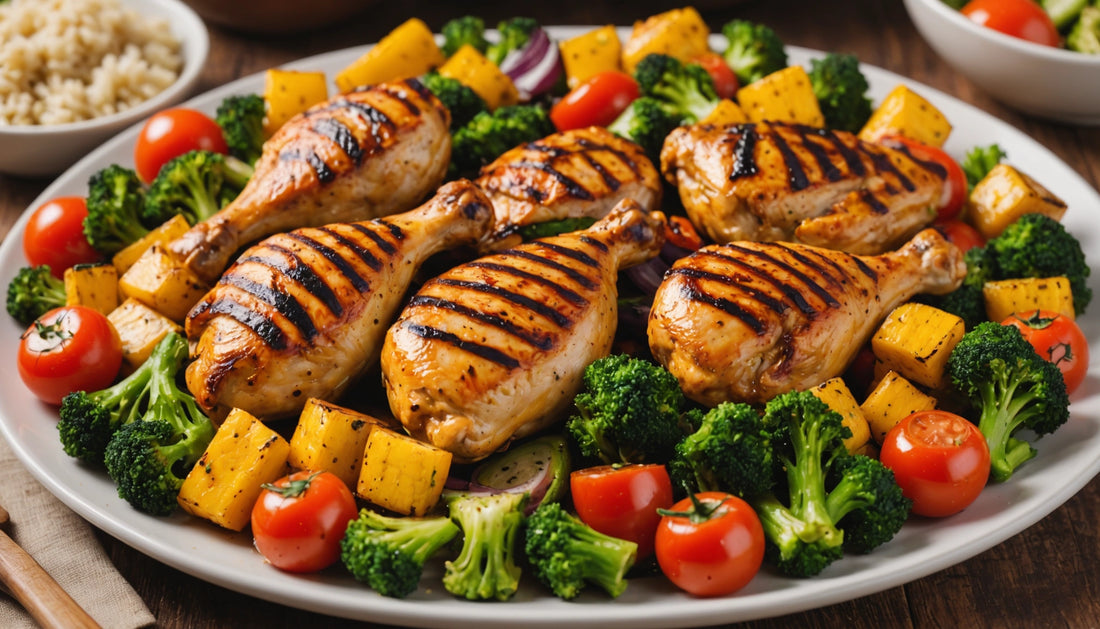 Platter of grilled marinated chicken and vegetables