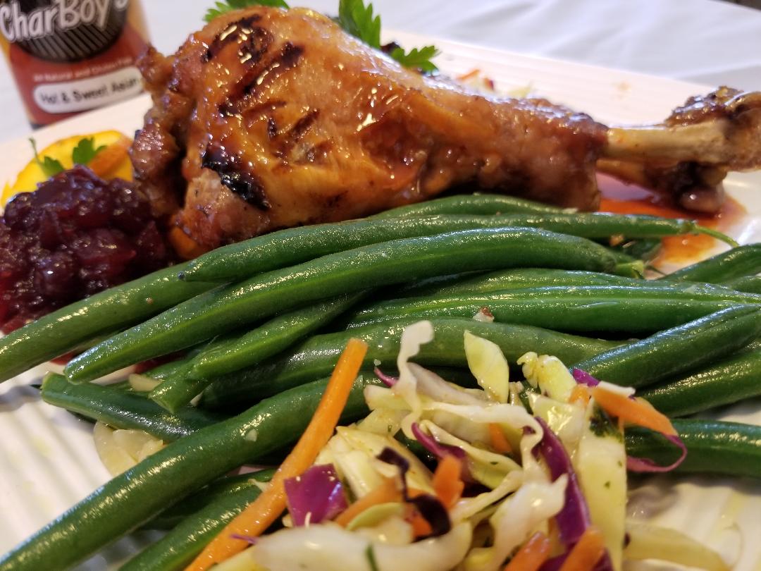 Holiday turkey legs with CharBoy's Hot & Sweet Asian Sauce