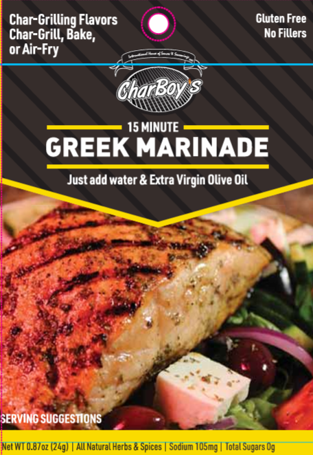 Front of the CharBoy's 15 Minute Greek Marinade packet