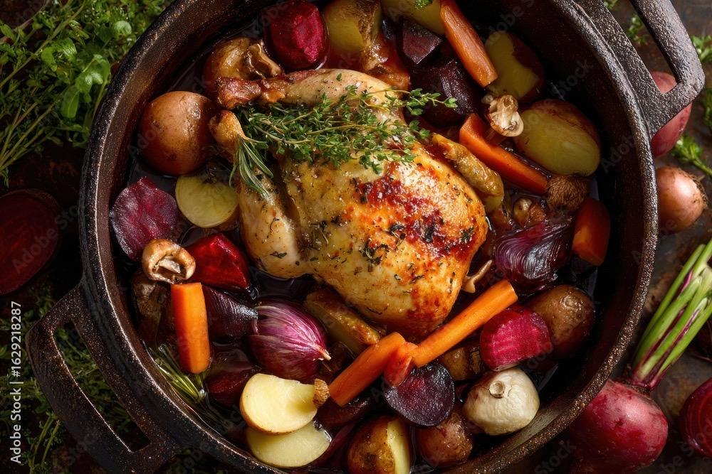 Rosemary chicken, potatoes and carrots roasted together in one pan