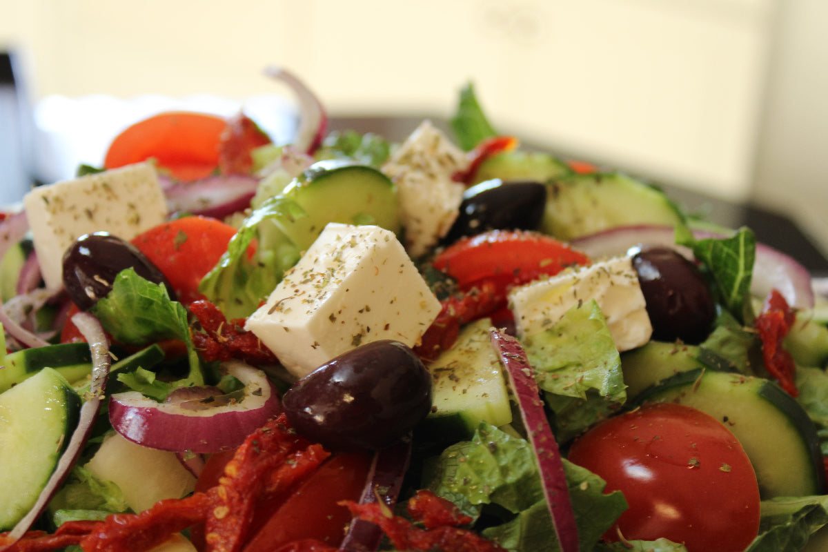 Greek salad prepared with CharBoy's Greek Marinade & Rub