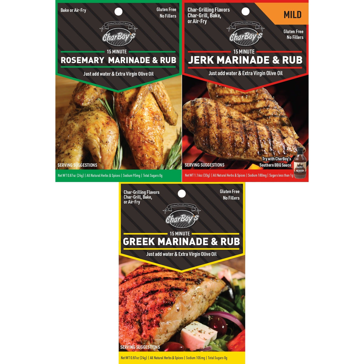 Rosemary, Jerk & Greek 3-Pack — Rosemary, Jerk Mild and Greek marinade packets