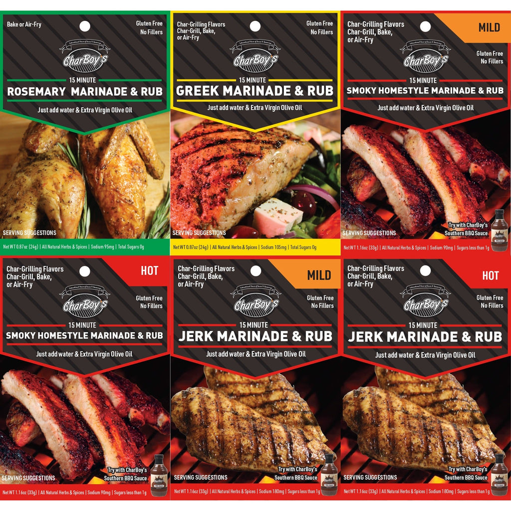 6-Pack Starter Bundle — Rosemary, Greek, Smoky Homestyle Mild and Hot, Jerk Mild and Hot packets