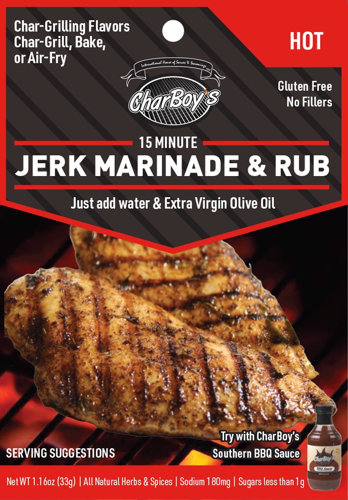 CharBoy's Jerk Marinade & Rub — Hot (packet front)