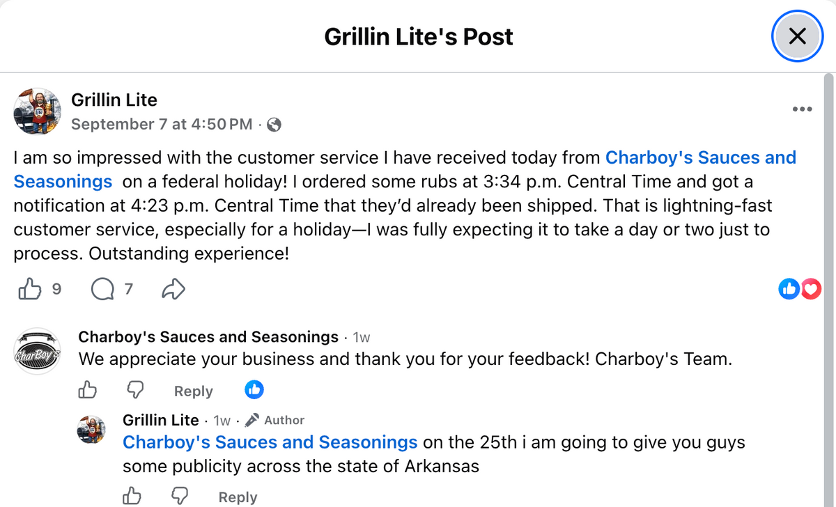 Facebook post by Grillin Lite praising CharBoy's for shipping an order within the hour on a federal holiday